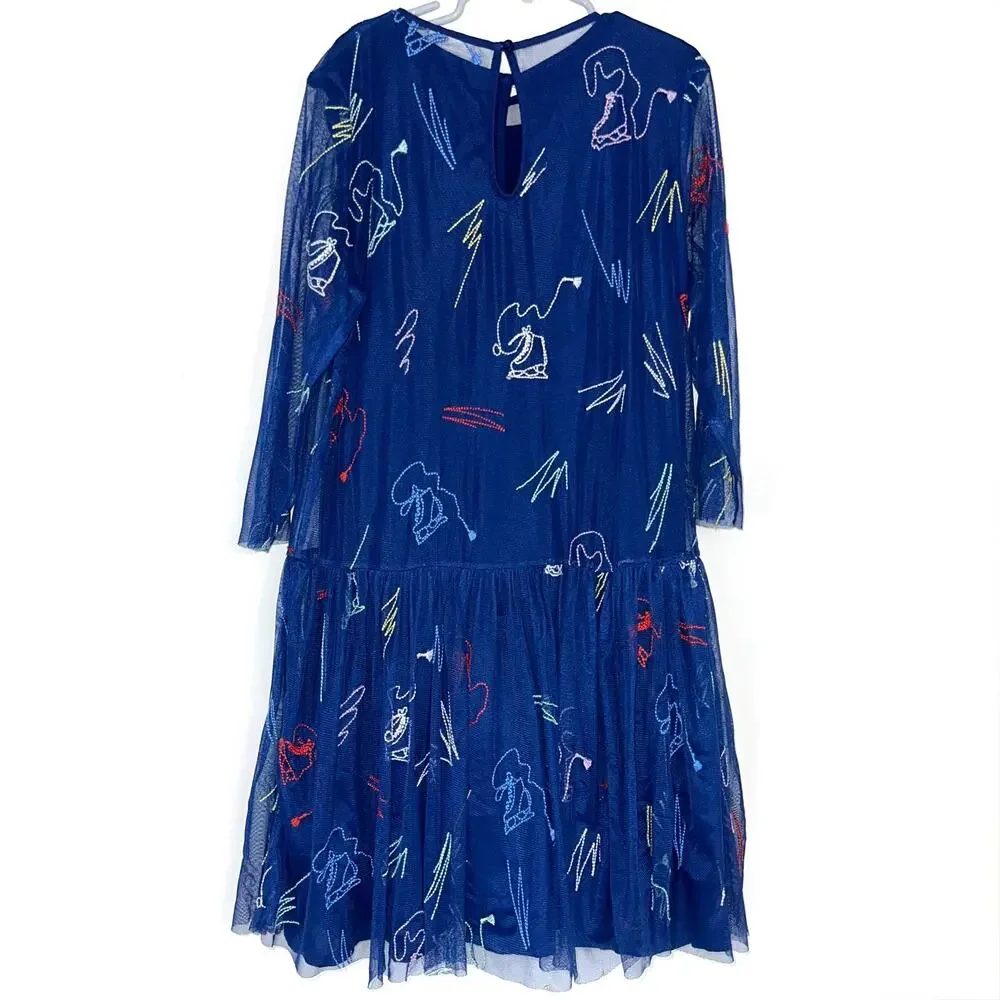 Stella McCartney Kids Girls Navy Blue Embroidered Skates Tulle Dress Size 12